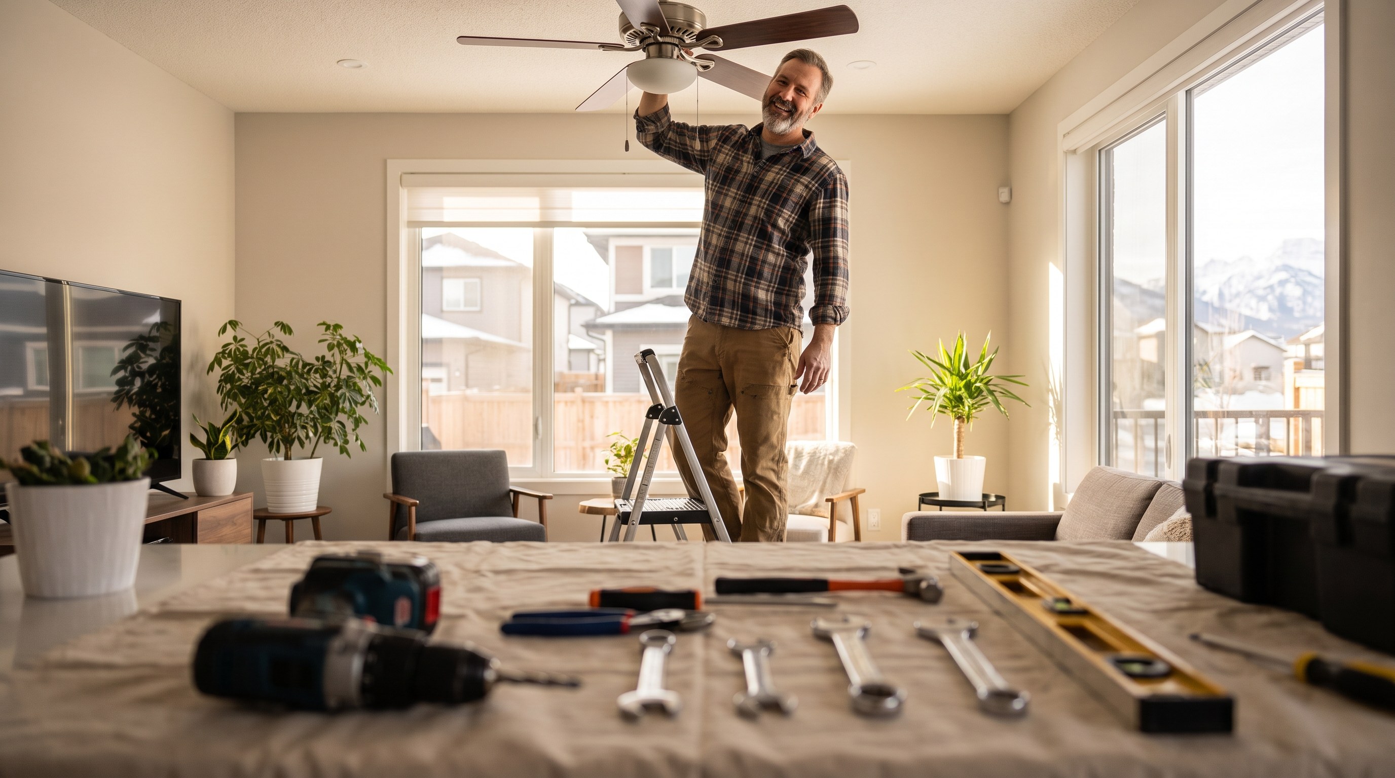 A close-up of a renovation crew's tools on a job site, drill, level, saw, lumber, mid-renovation atmosphere, Edmonton home